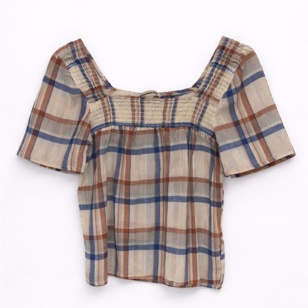 Alexander Jordan Plaid Square Neck Puff Sleeve Top • Cotton • S